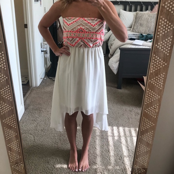 White Summer High Low Dress, Strapless - Picture 2 of 3